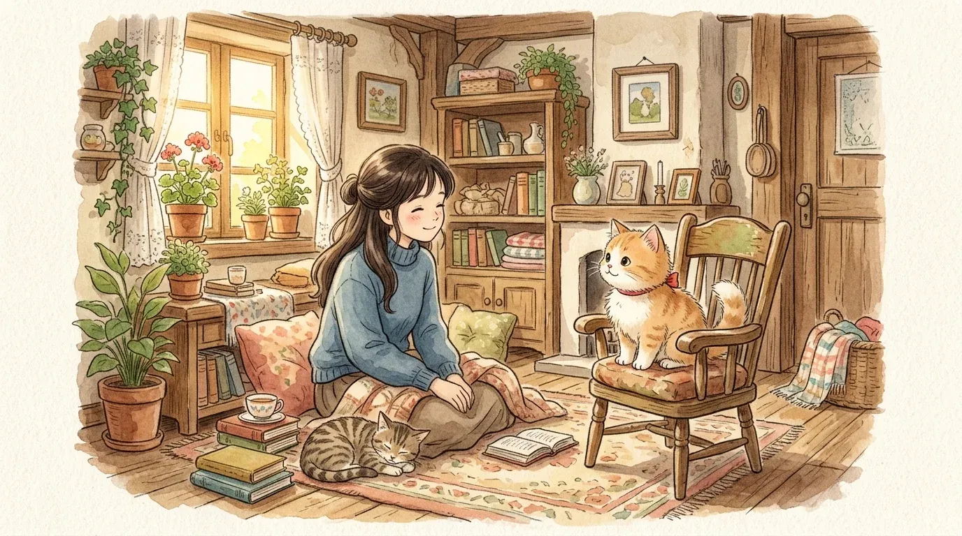 Beauty talking to a sweet kitten wearing a red ribbon inside a warm, sunlit cottage room