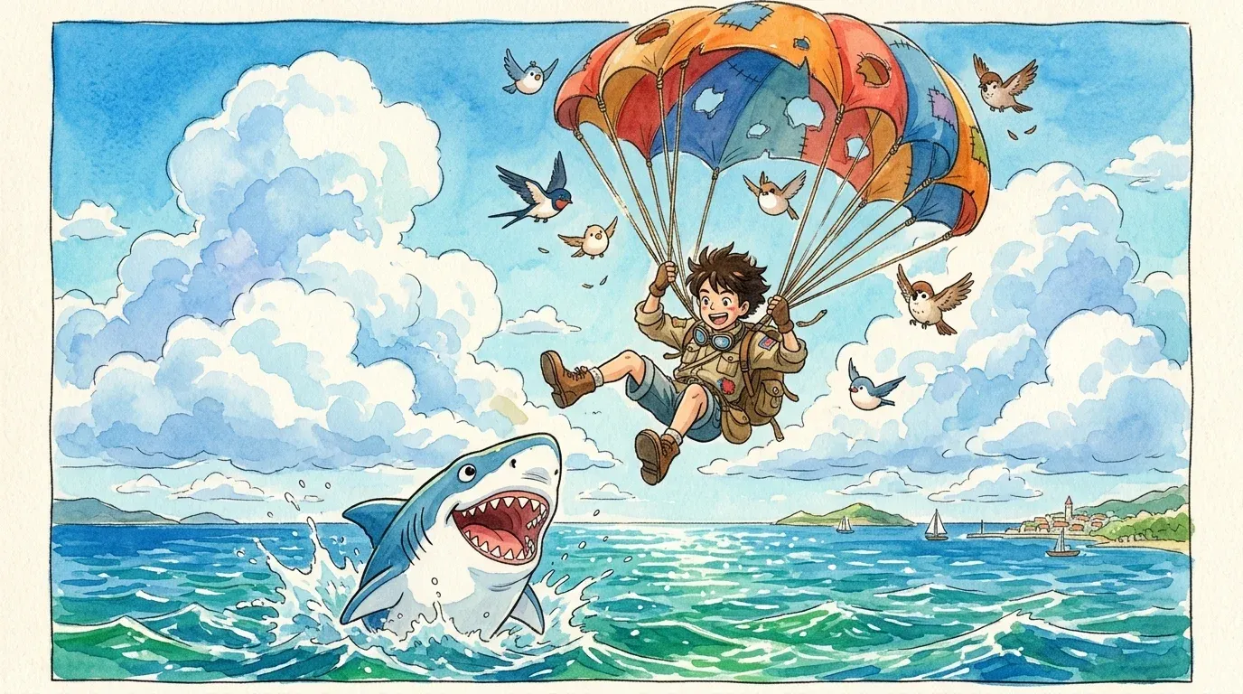 The adventurer falling toward the open jaws of a shark as birds bite holes in his parachute