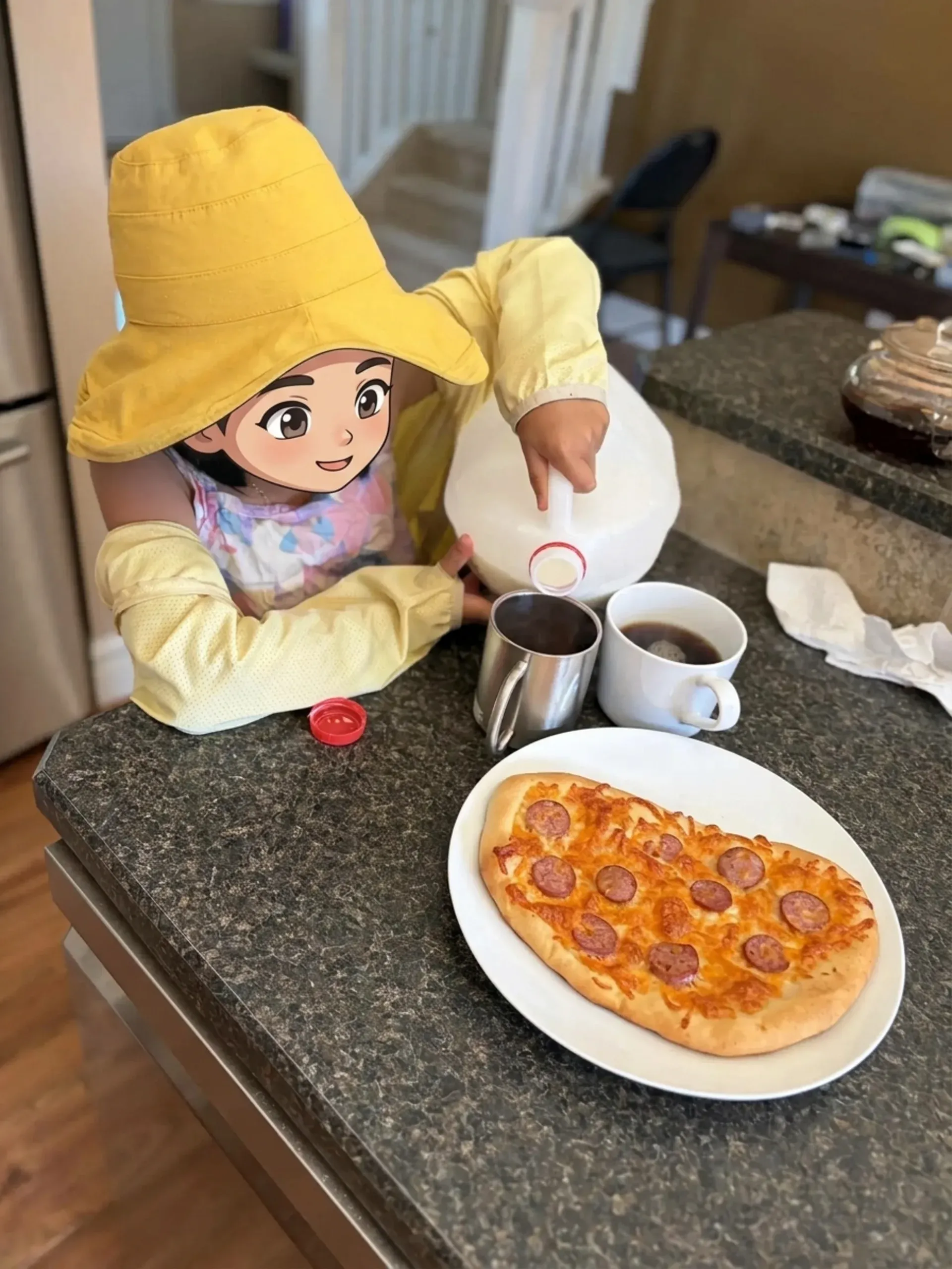 Little girl pouring milk into a metal mug next to the pizza