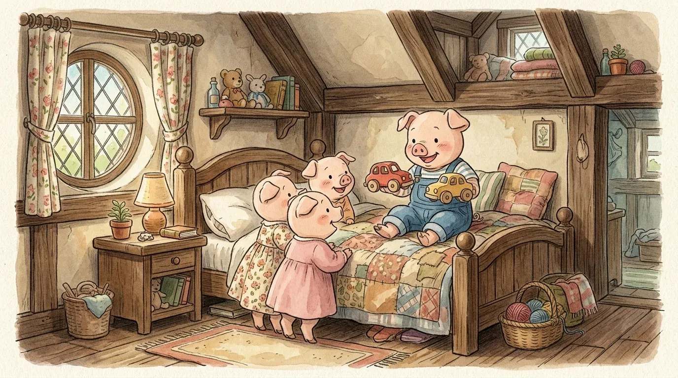 Scion surprising his waking siblings with wooden toy cars in their cozy cottage bedroom