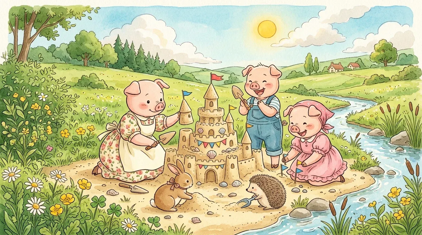 Celestia helping her siblings and woodland friends build an intricate sandcastle by the meadow stream