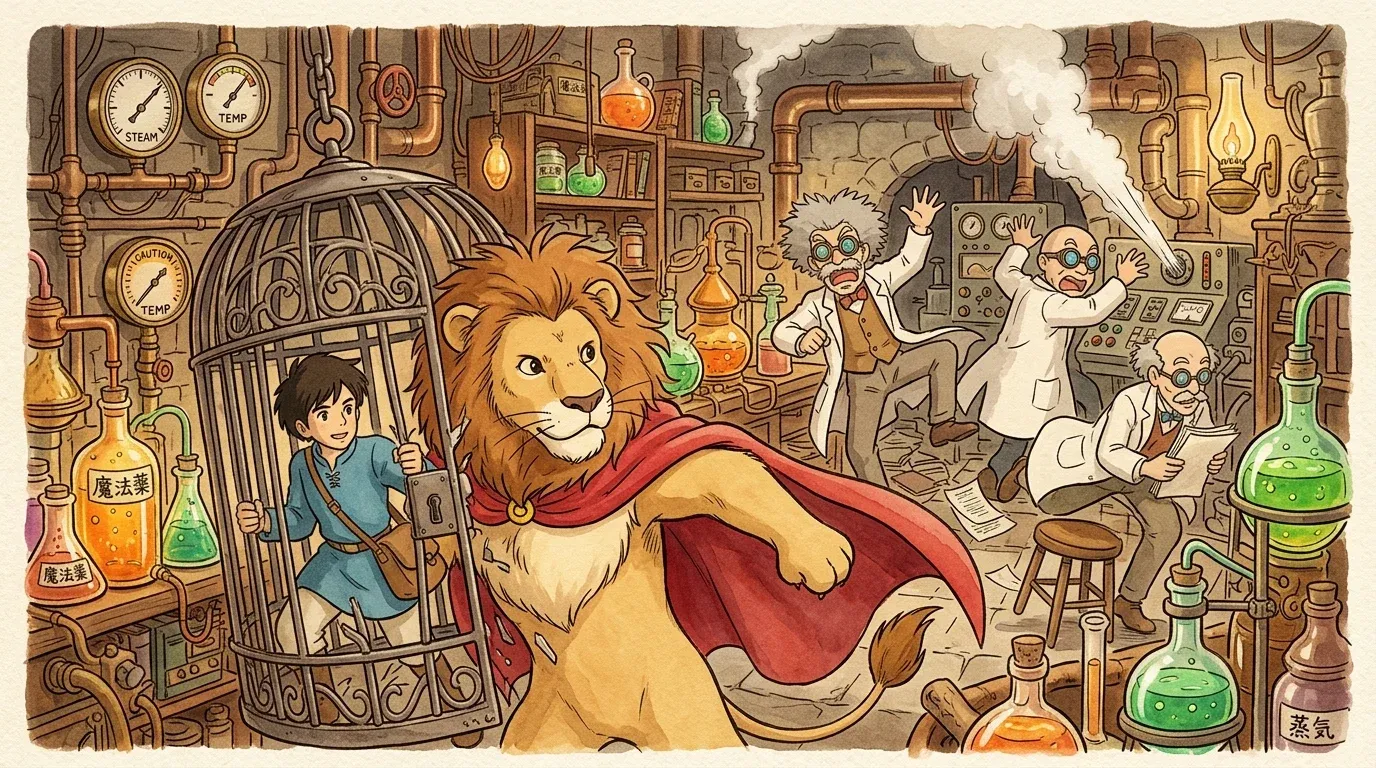 The heroic lion wearing a cape breaking open cages to save everyone in the secret lab