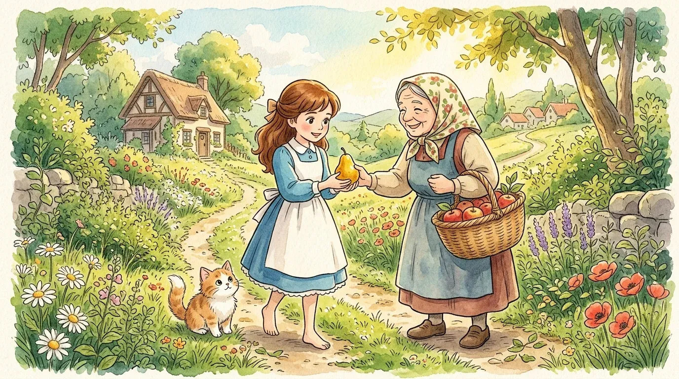 An old lady with a woven fruit basket offering a juicy golden pear to Beauty and the little cat