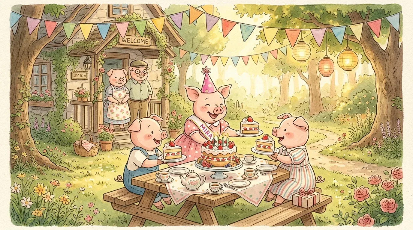 Mira happily sharing the largest slices of birthday cake with her siblings in the garden