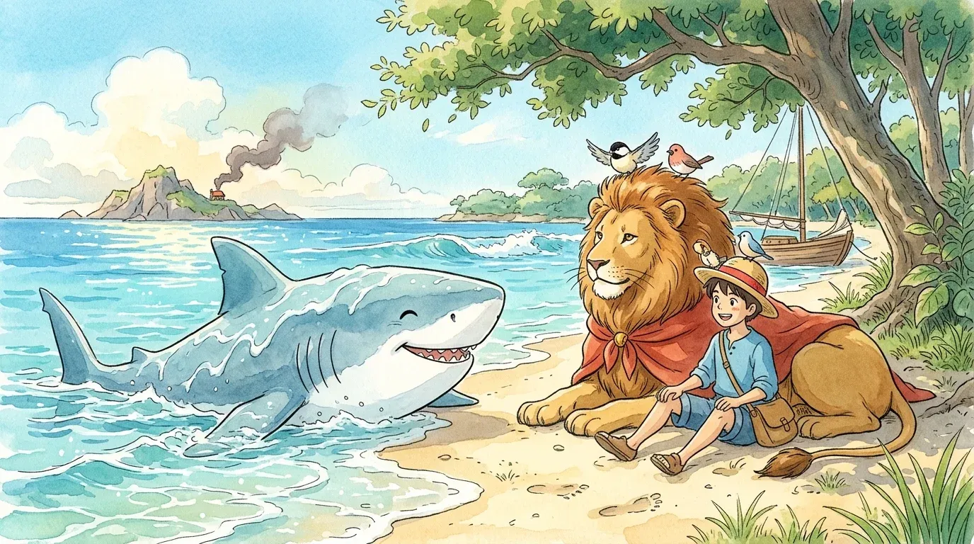 The adventurer and the cape-wearing lion chatting happily with the shark and birds on a sunny beach
