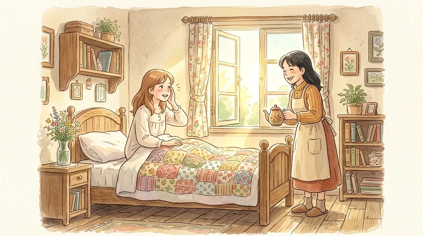 Beauty pinching her cheek in relief as her cheerful friend greets her with a warm morning drink