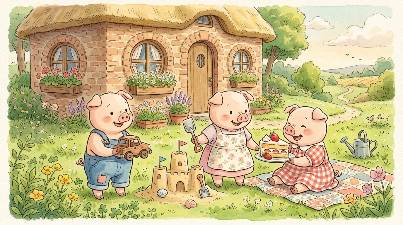 The three little pigs living together happily outside their cozy brick cottage